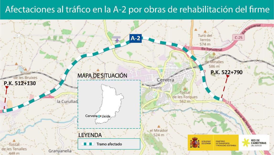 Afectaciones de tráfico por obras en la autovía A-2 entre Alpicat y Fraga