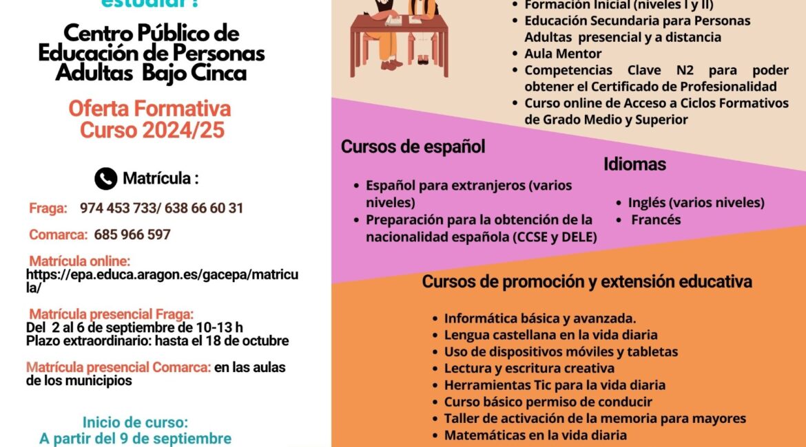 Abierto el plazo para matricularse al Programa de Educación de Adultos en el Bajo/Baix Cinca