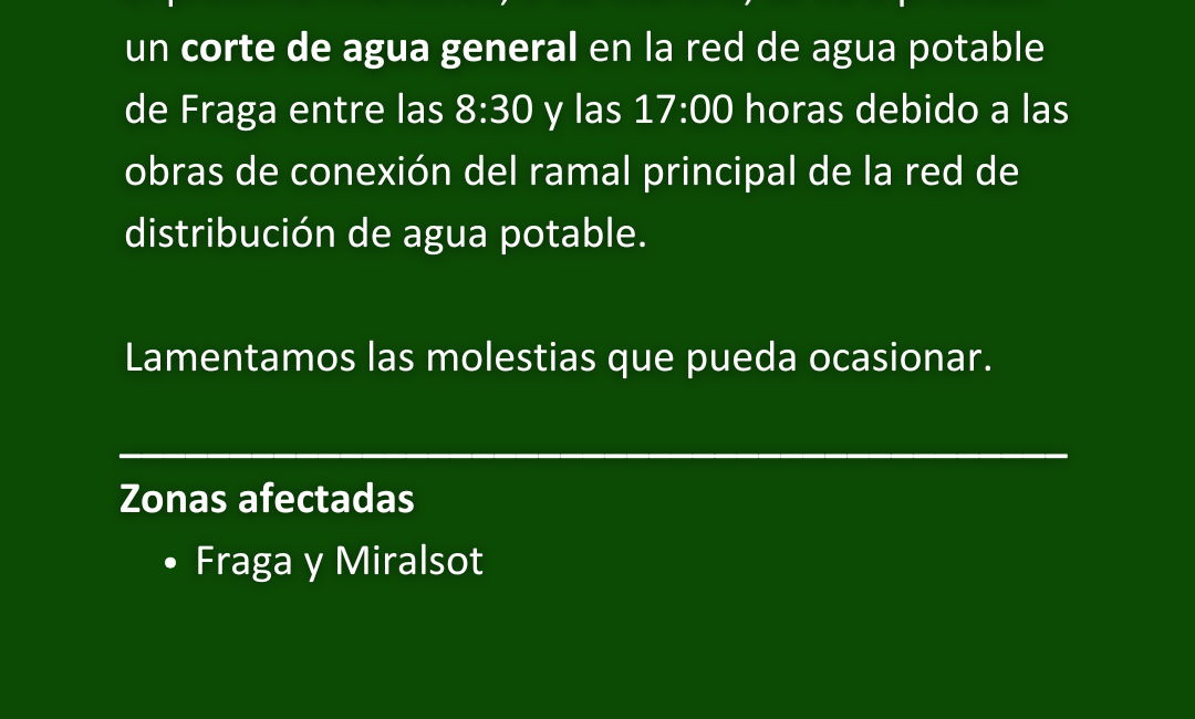 Corte de agua en Fraga el próximo 5 de febrero